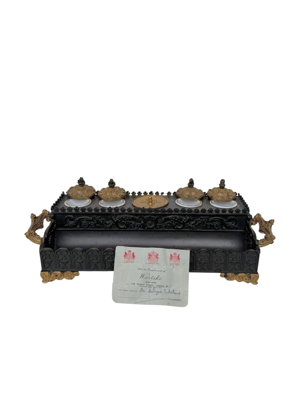 19th Century Empire Bronze Inkwell With Gilt Handles & Feet