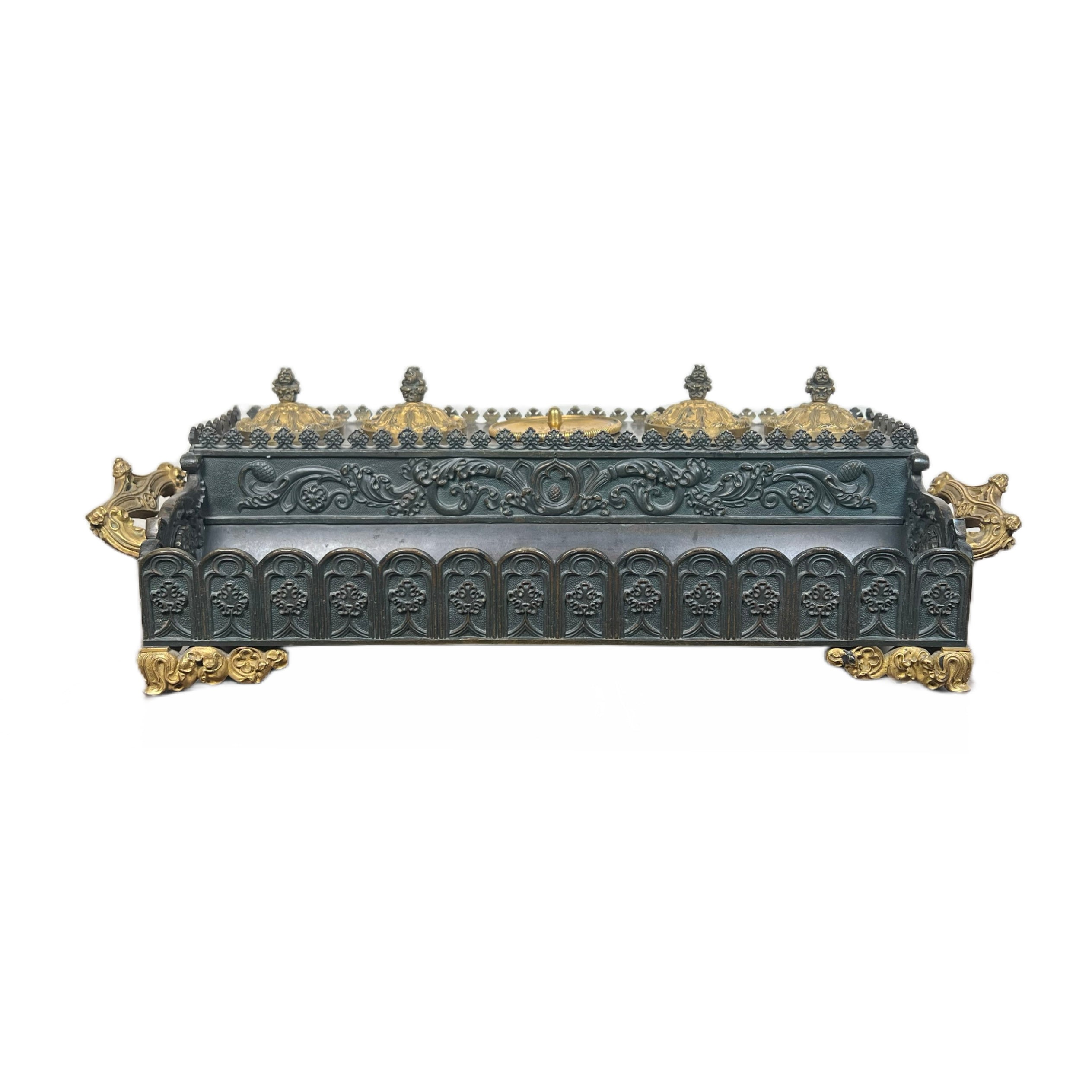 19th Century Empire Bronze Inkwell With Gilt Handles & Feet