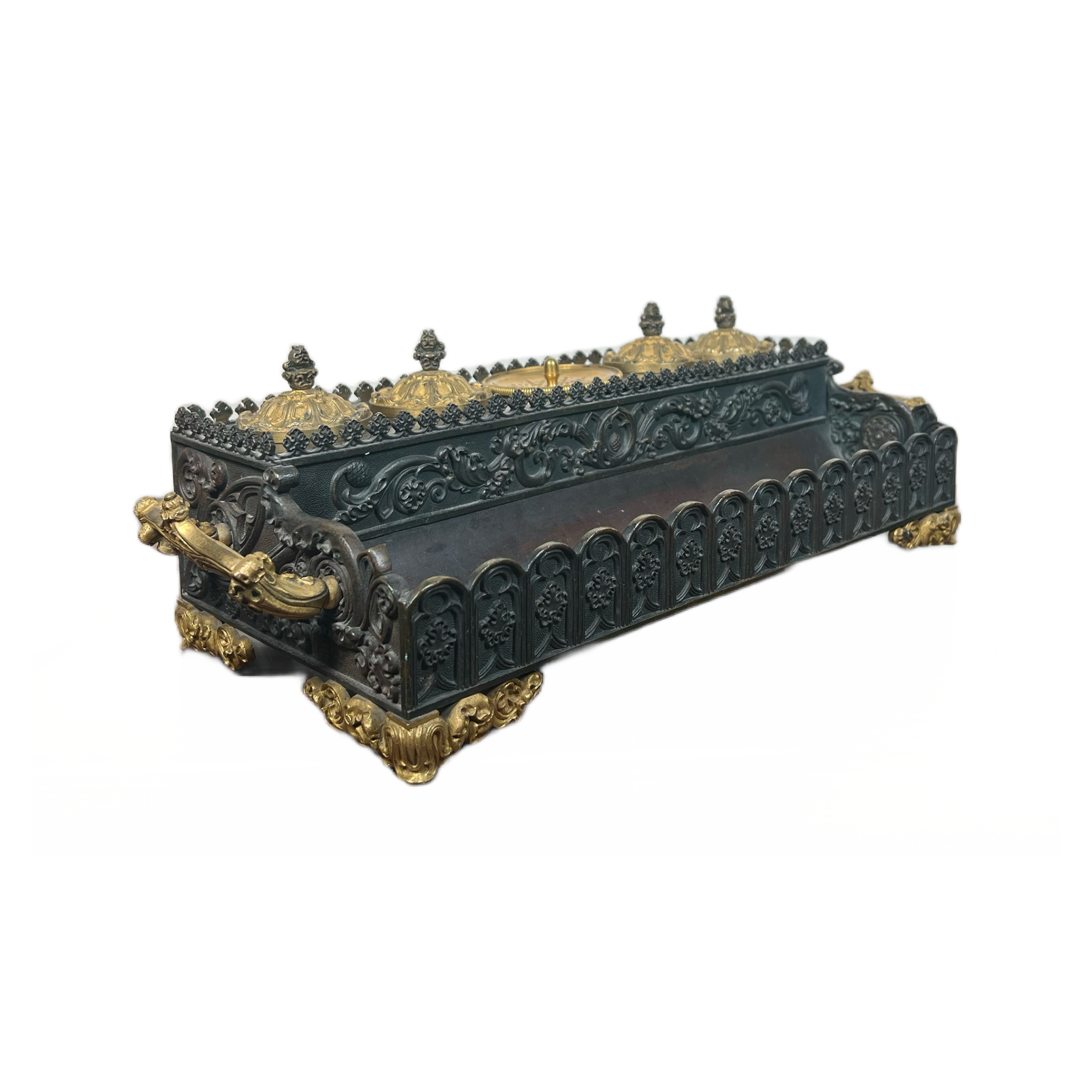 19th Century Empire Bronze Inkwell With Gilt Handles & Feet