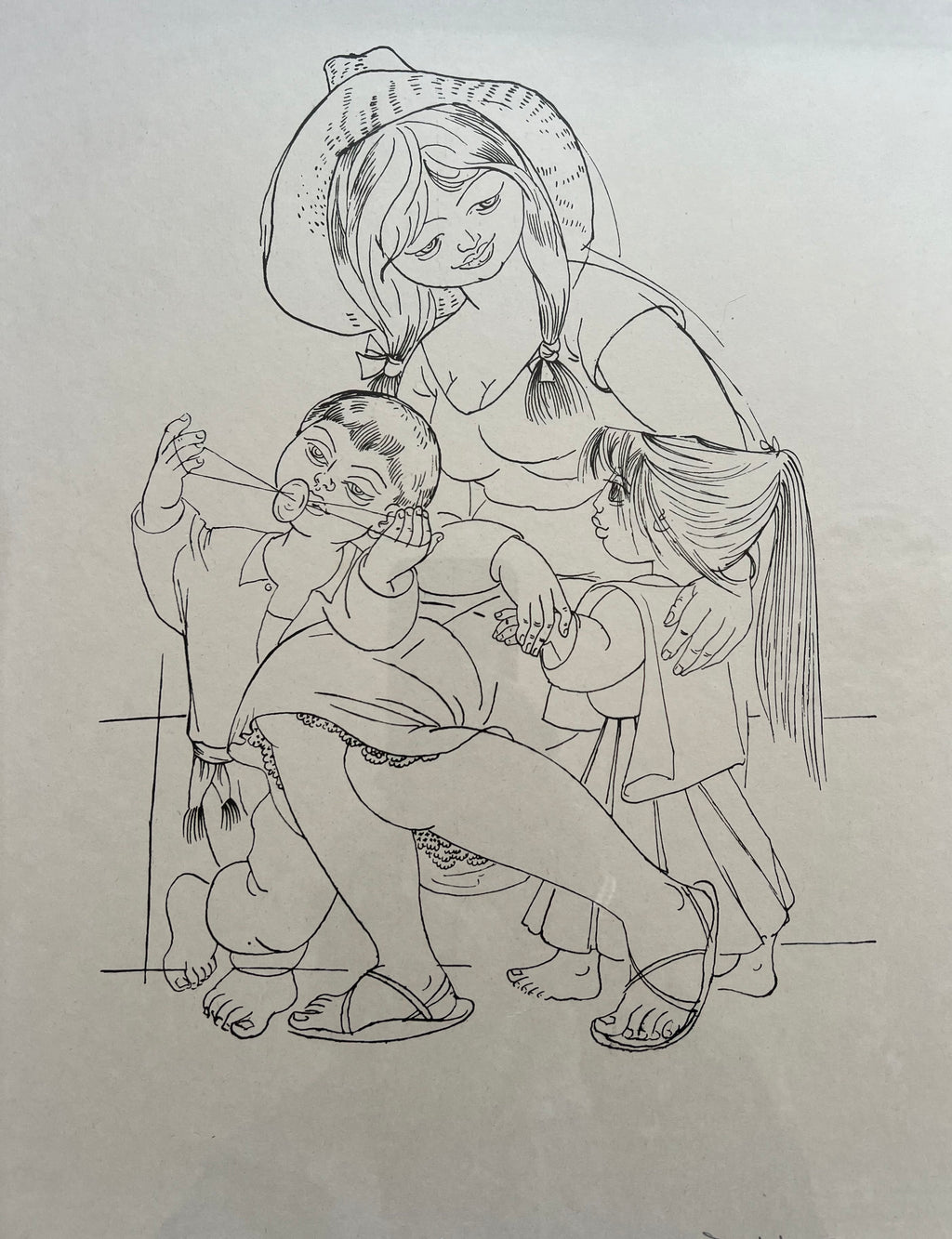 Pedro Lobos (Chile 1919-1968) Pen And Ink Drawing Of A Mother & Children