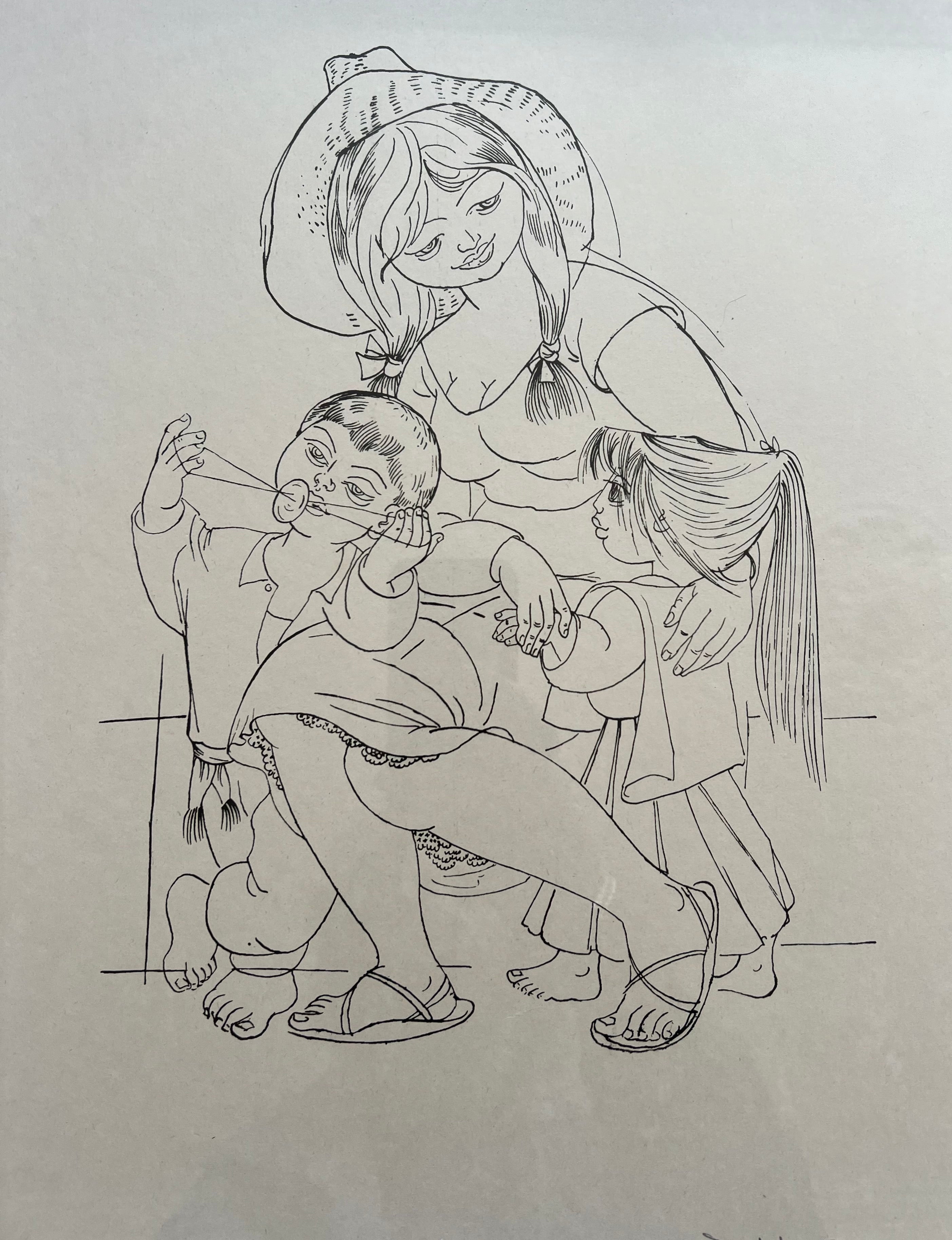 Pedro Lobos (Chile 1919-1968) Pen And Ink Drawing Of A Mother & Children