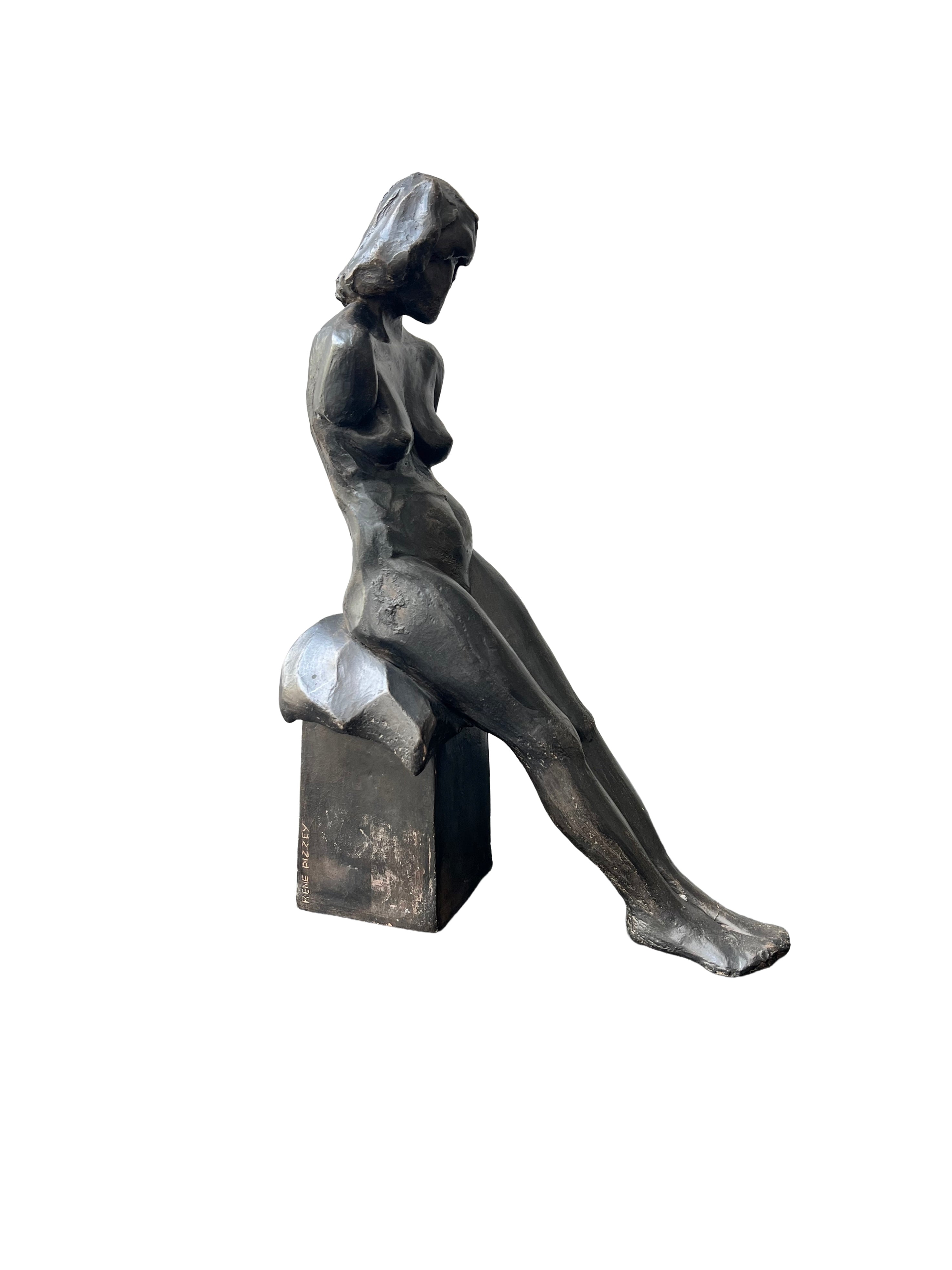 Seated Female Nude Figure Bronzed Terracotta Sculpture