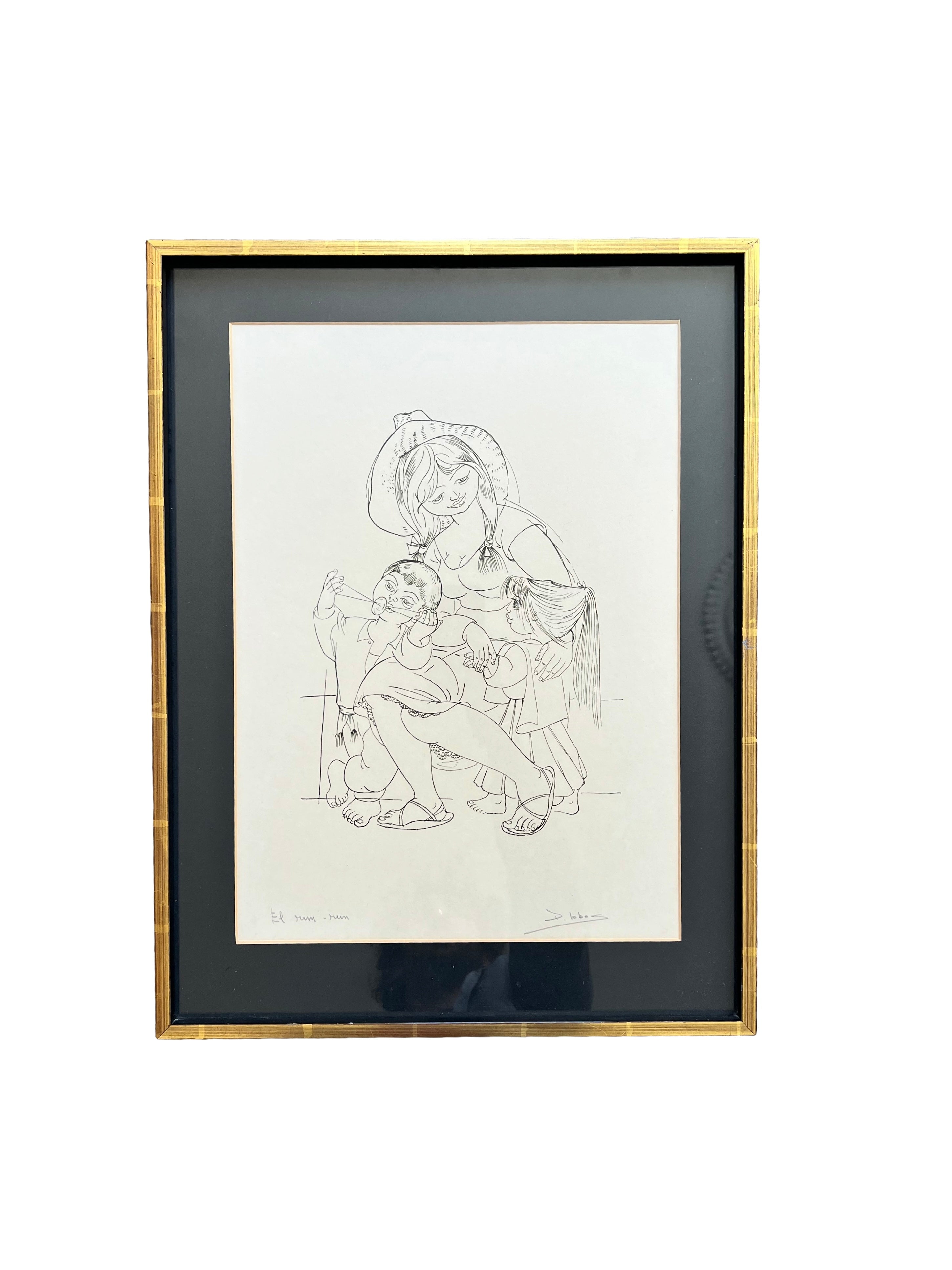 Pedro Lobos (Chile 1919-1968) Pen And Ink Drawing Of A Mother & Children