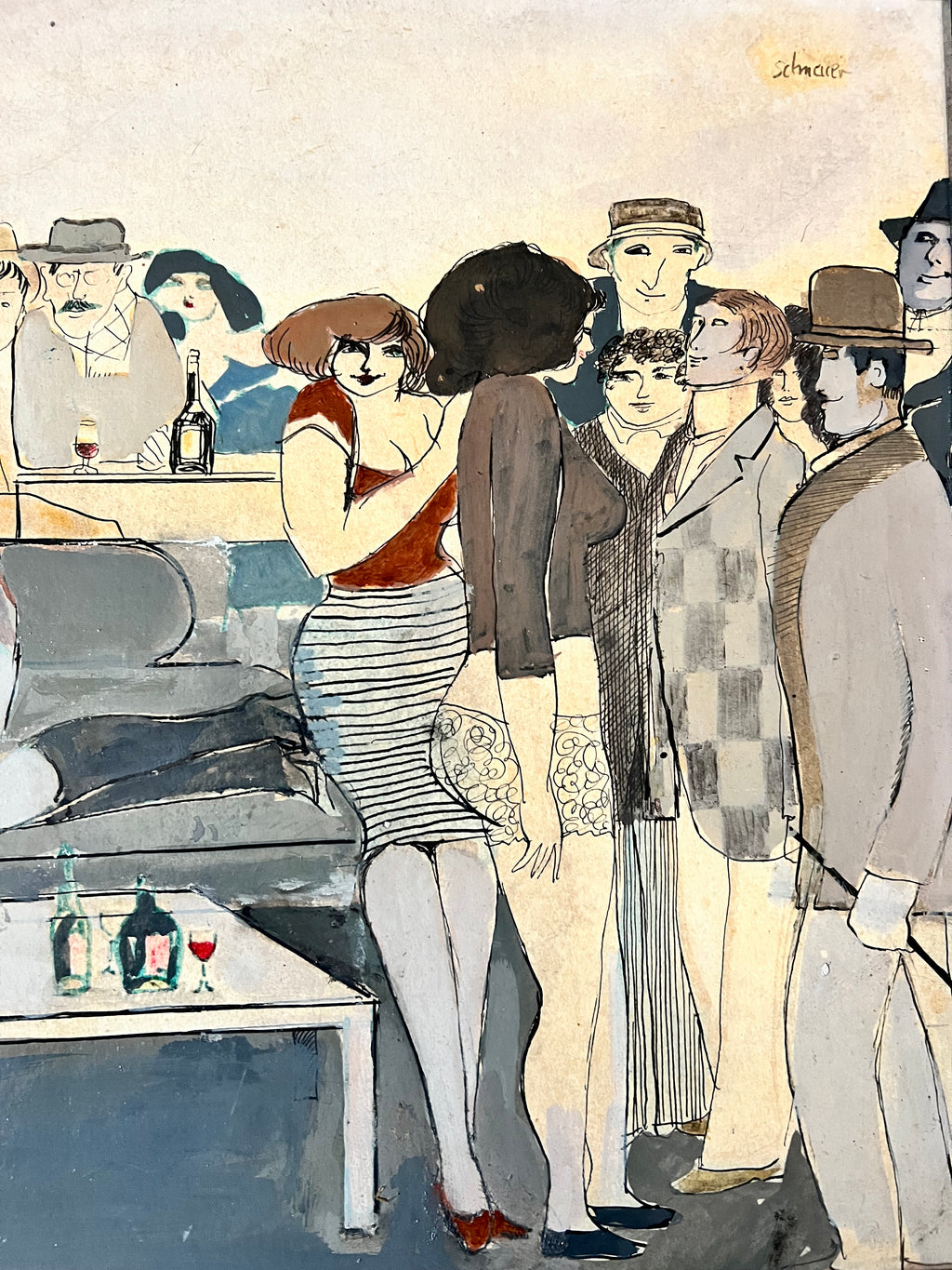 David Schneuer (1905-1988) Original Mixed Media Painting Of A Party Scene