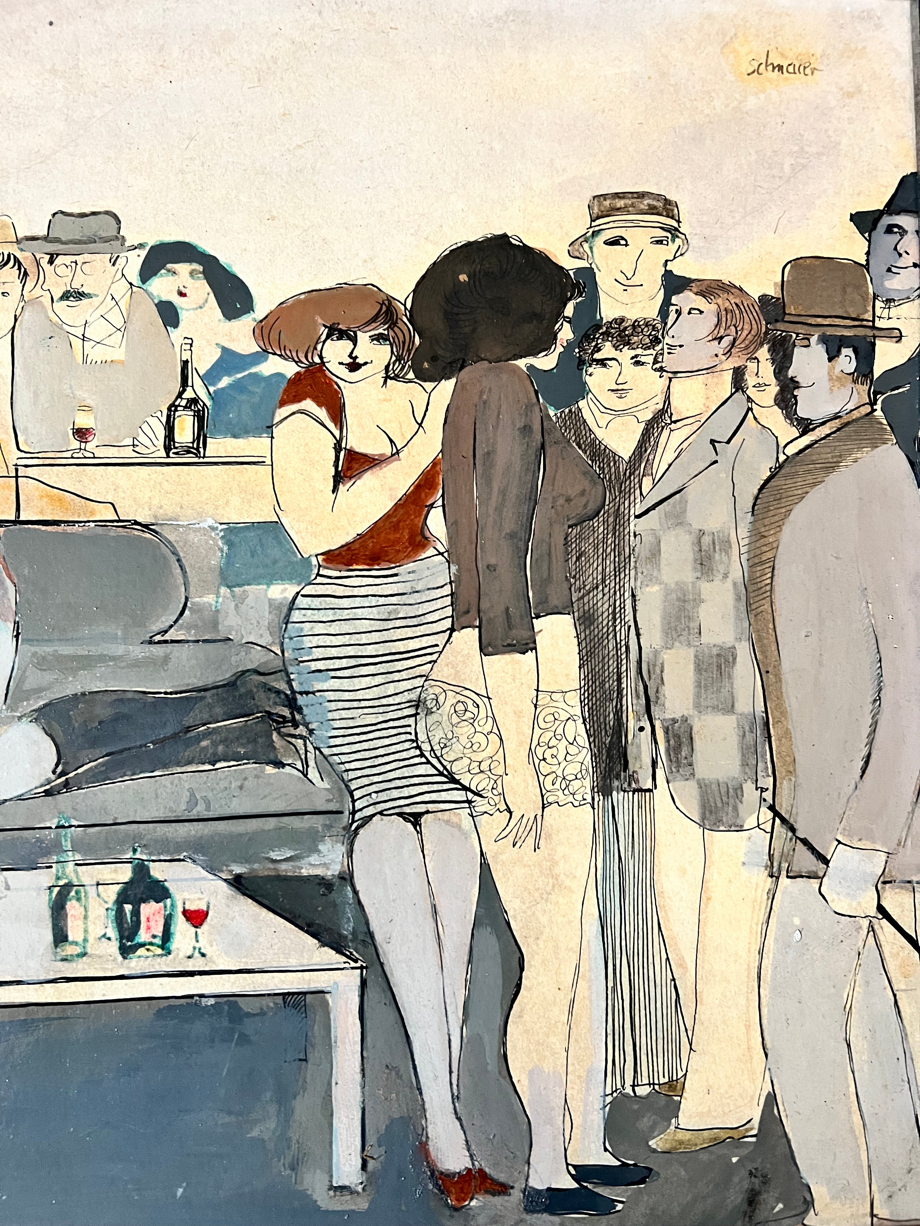 David Schneuer (1905-1988) Original Mixed Media Painting Of A Party Scene