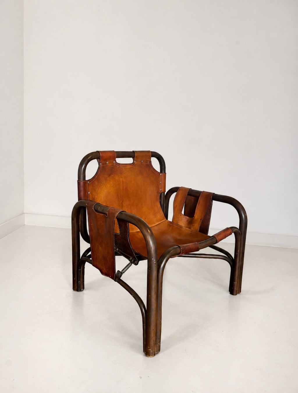 Tito Agnoli Leather & Rattan Safari Armchair for Bonacina 1960s