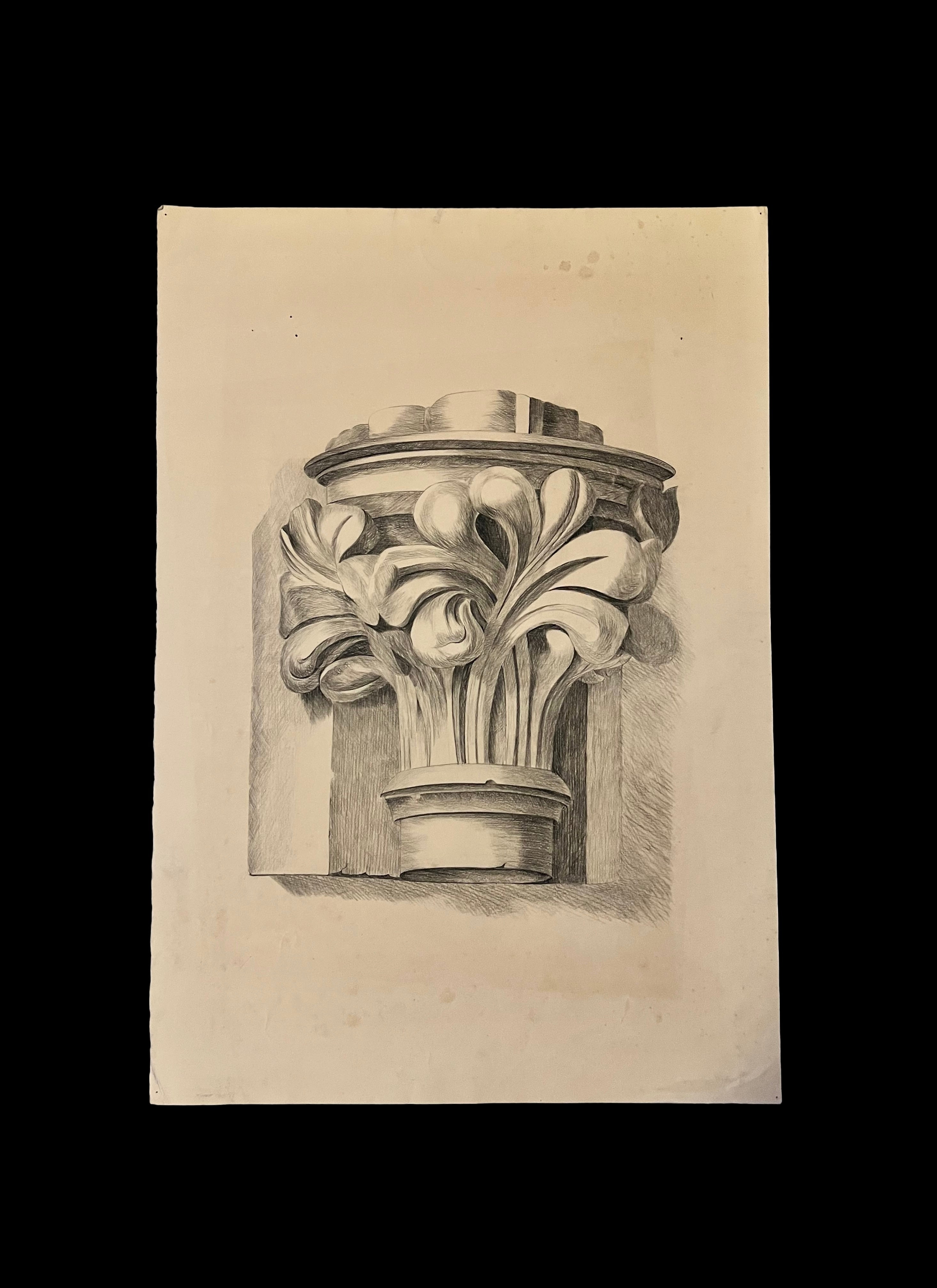 19th Century Antique Academic Drawing Of Corinthian Capital 1880s