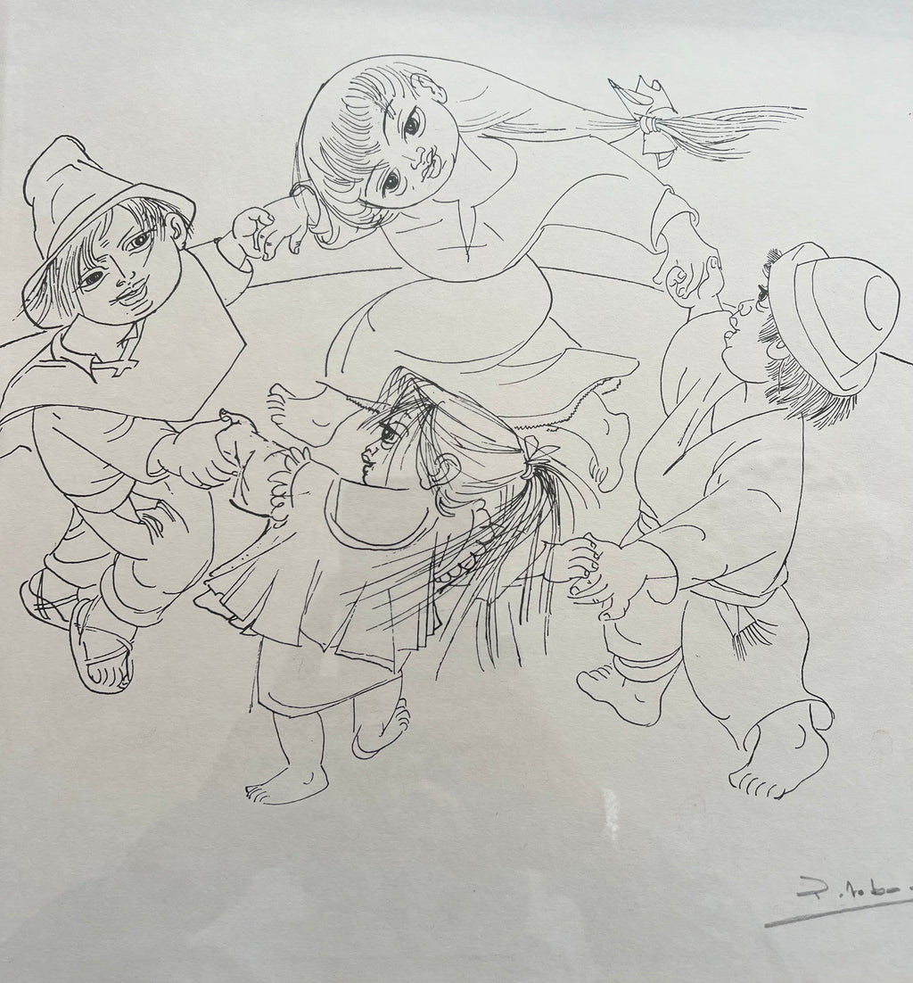 Pedro Lobos (Chile 1919-1968) Pen And Ink Drawing Of Children Playing