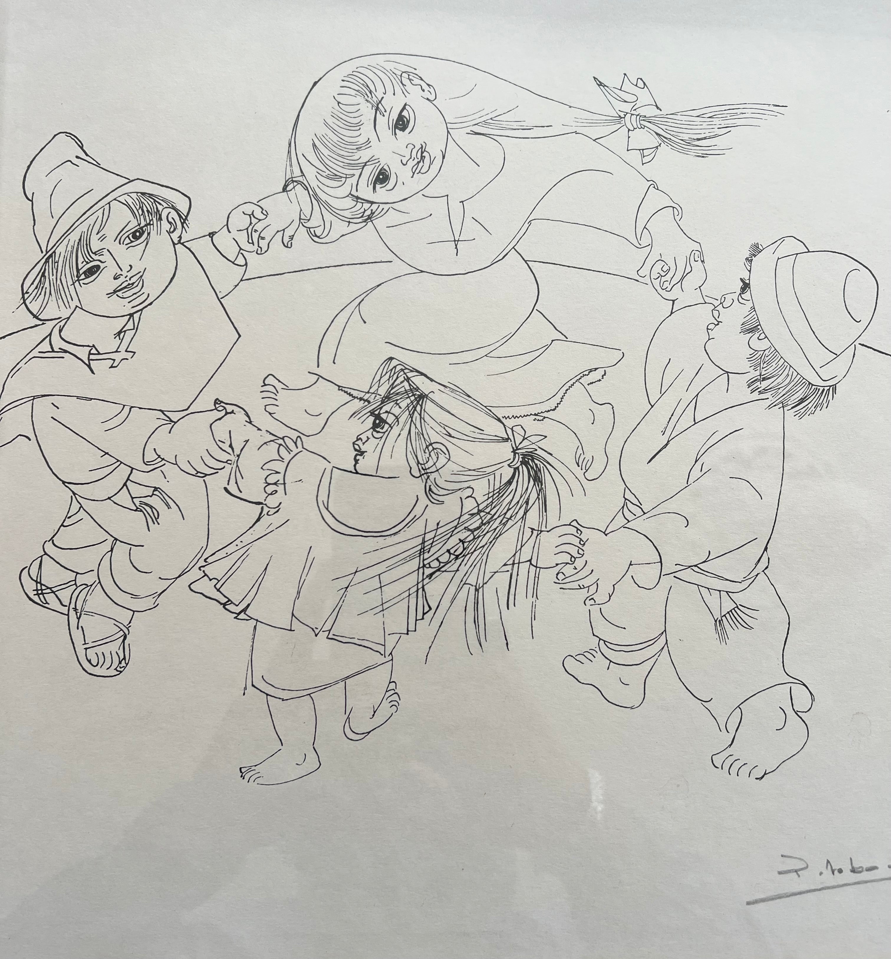 Pedro Lobos (Chile 1919-1968) Pen And Ink Drawing Of Children Playing