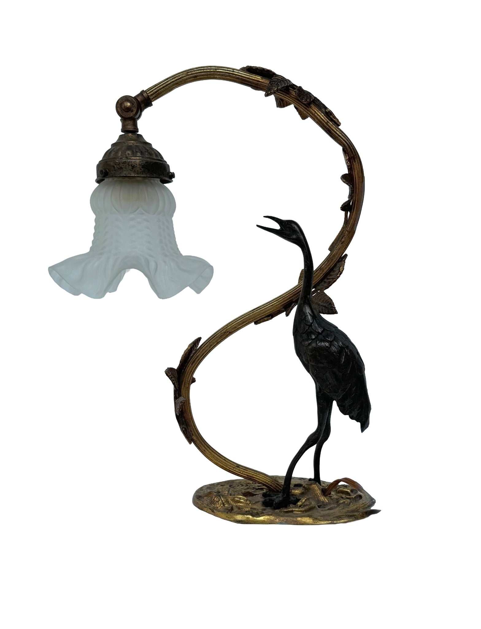 Art Nouveau Iron Crane Lamp With Glass Shade