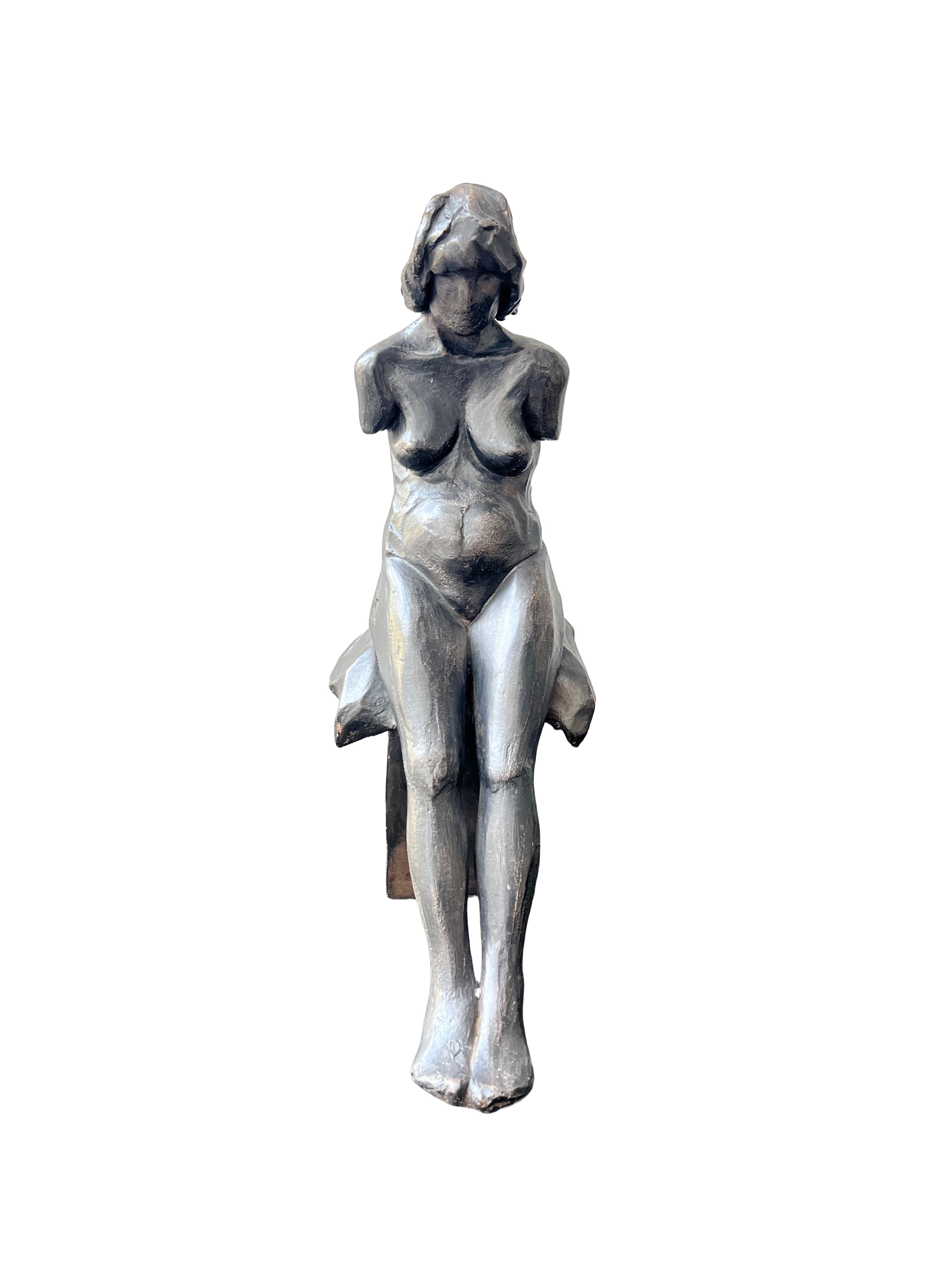 Seated Female Nude Figure Bronzed Terracotta Sculpture