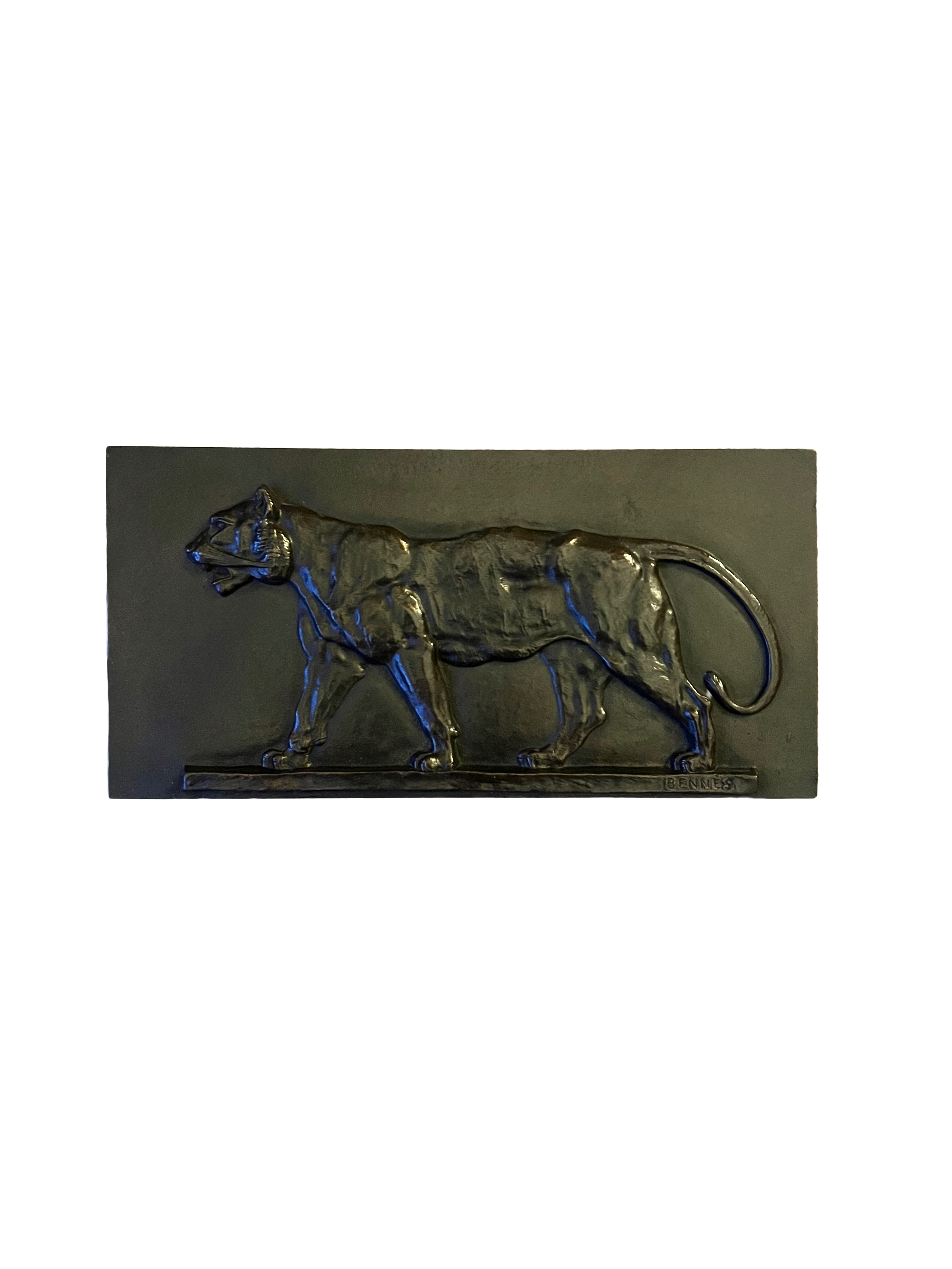 19th Century Pair Of Bronze Relief Plaques Of Lions By Bennes, After Barye.