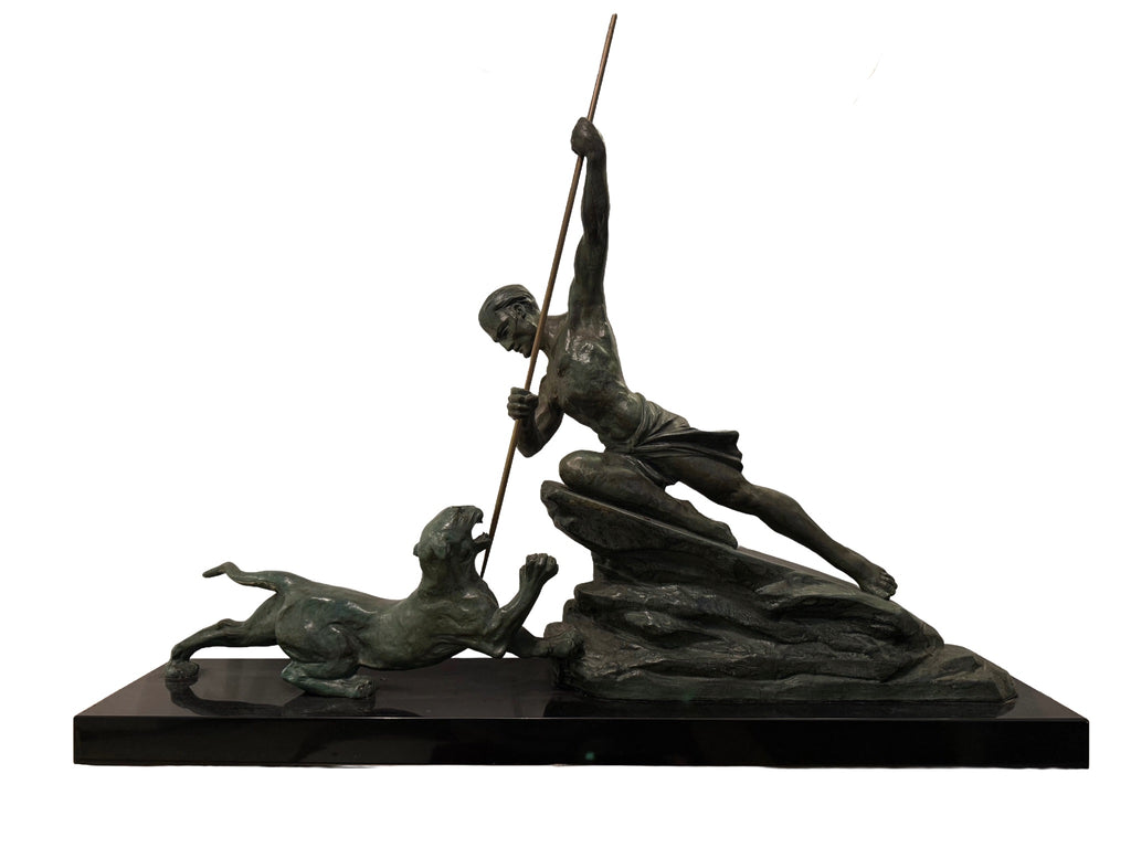 “Le Chasseur de Fauve” Bronzed Hunter Sculpture by Rene Andre Varnier