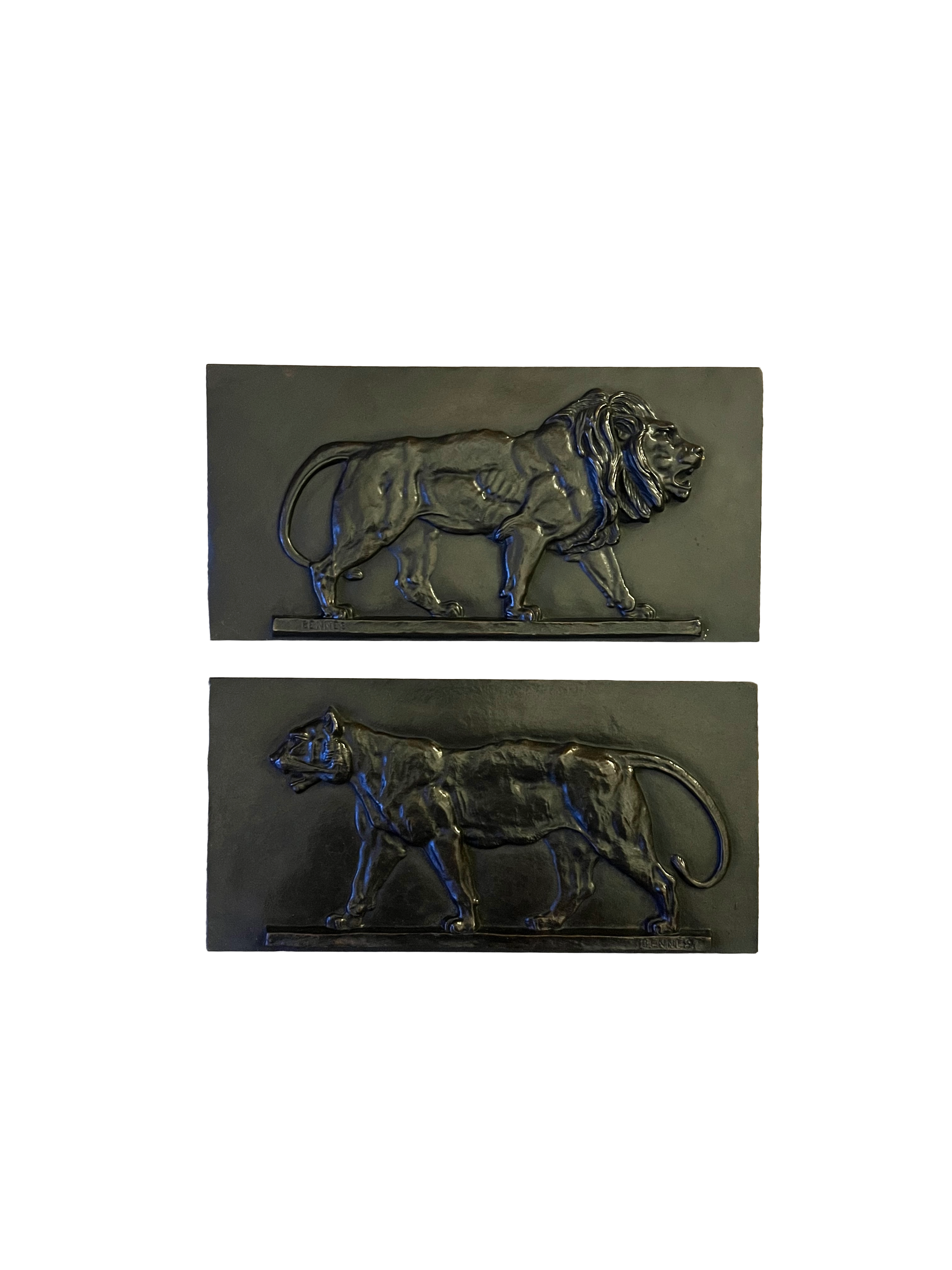 19th Century Pair Of Bronze Relief Plaques Of Lions By Bennes, After Barye.