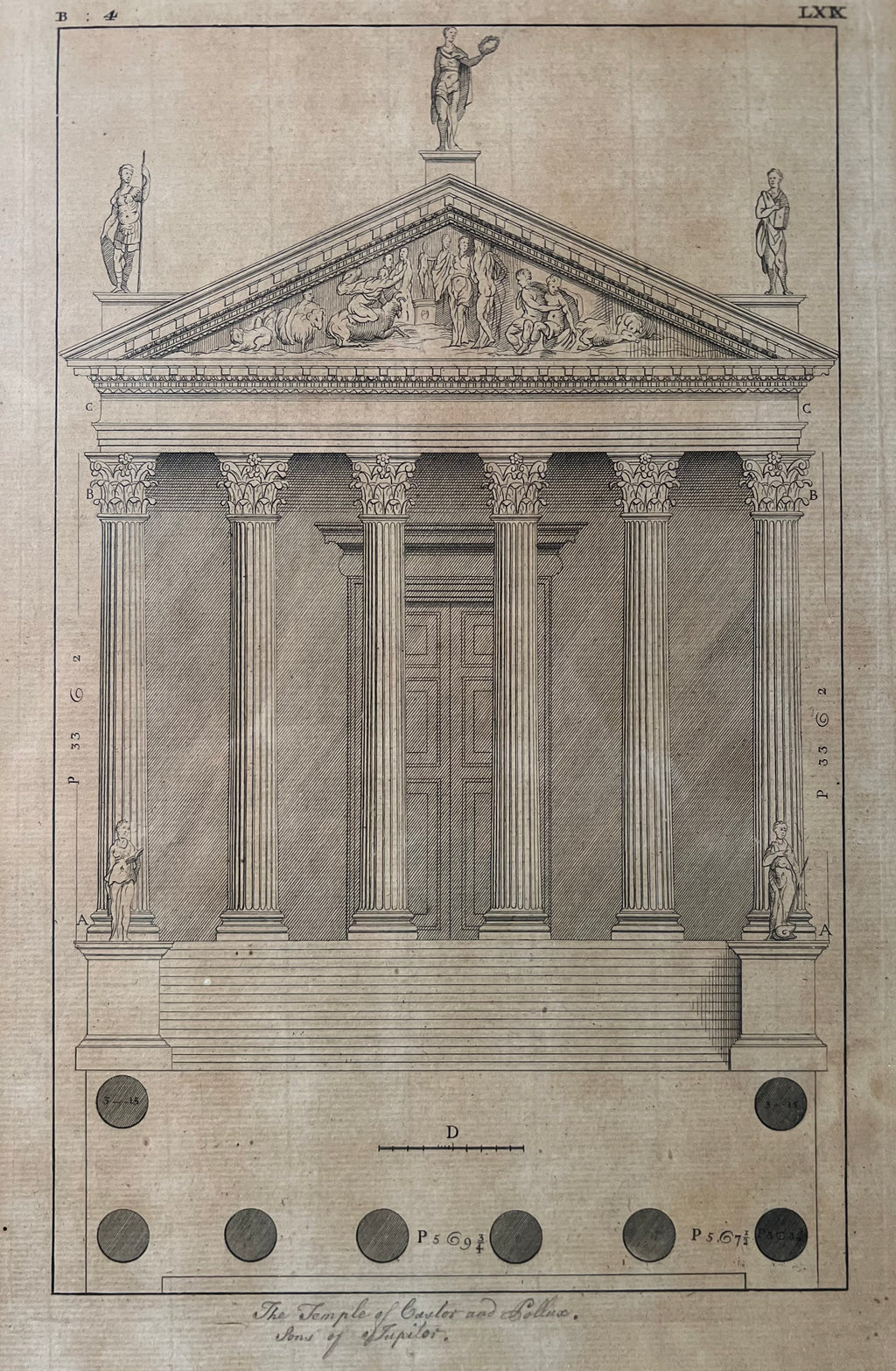 18th Century Engraving Of The Temple of Castor and Pollux By Andrea Palladio