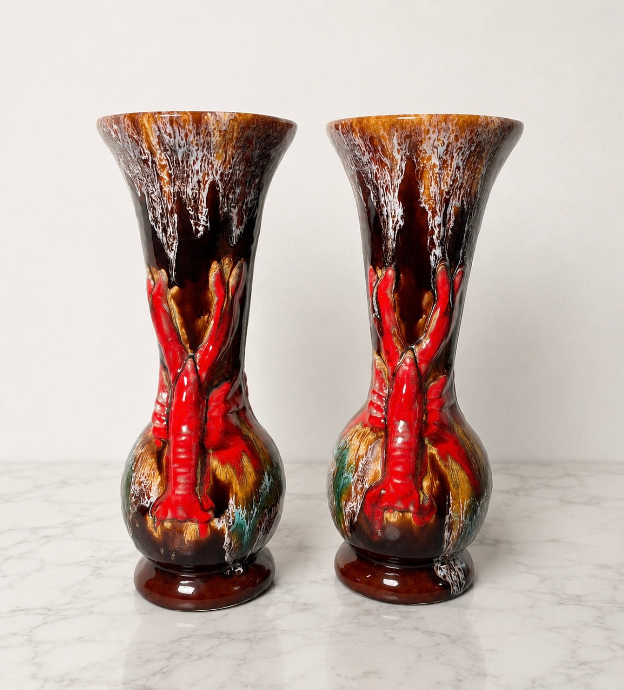 Pair Of Mid Century Valluaris Pottery Lobster Vases