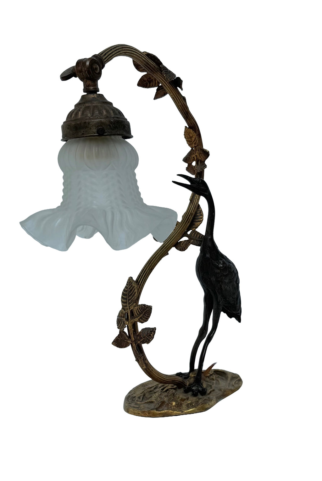 Art Nouveau Iron Crane Lamp With Glass Shade