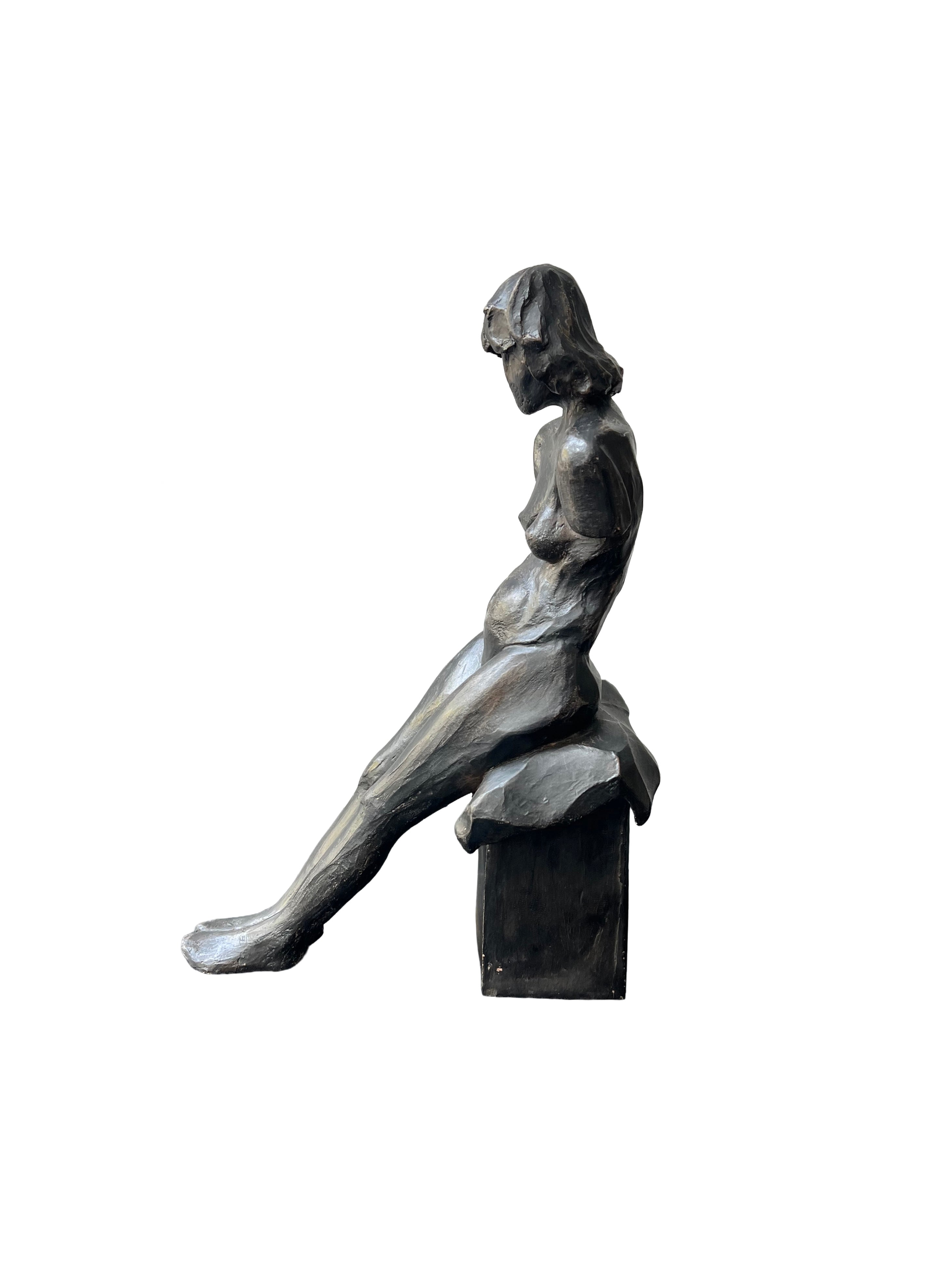 Seated Female Nude Figure Bronzed Terracotta Sculpture