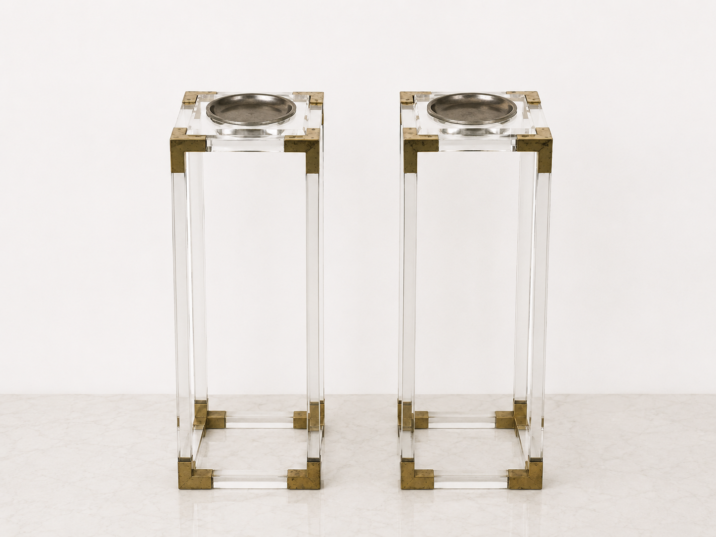 Pair Of Floor Standing Lucite & Brass Ashtrays, 1970s French