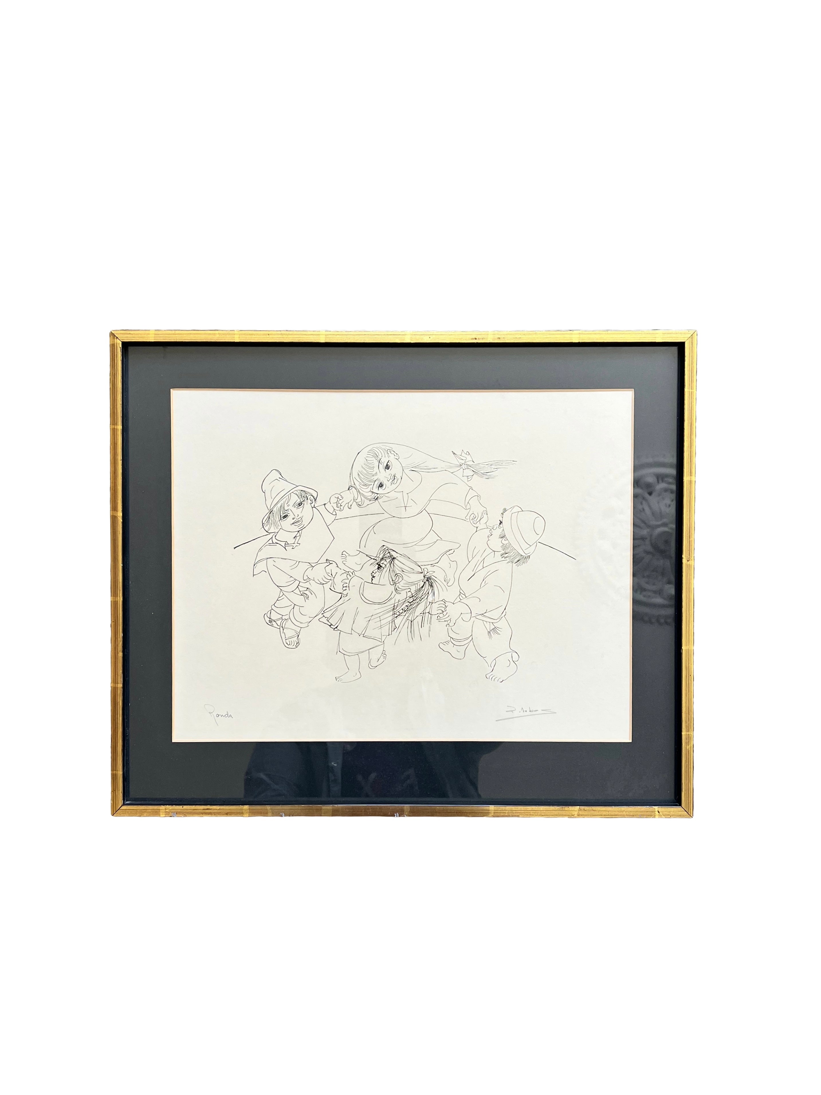 Pedro Lobos (Chile 1919-1968) Pen And Ink Drawing Of Children Playing